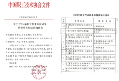 陕煤张家峁矿业创新项目荣获中国职工技术协会特等奖